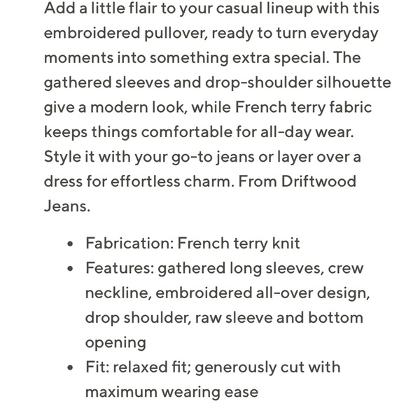 Driftwood French Terry Gathered Sleeve Pullover Sweatshirt NWT. Embroidered - Picture 10 of 10